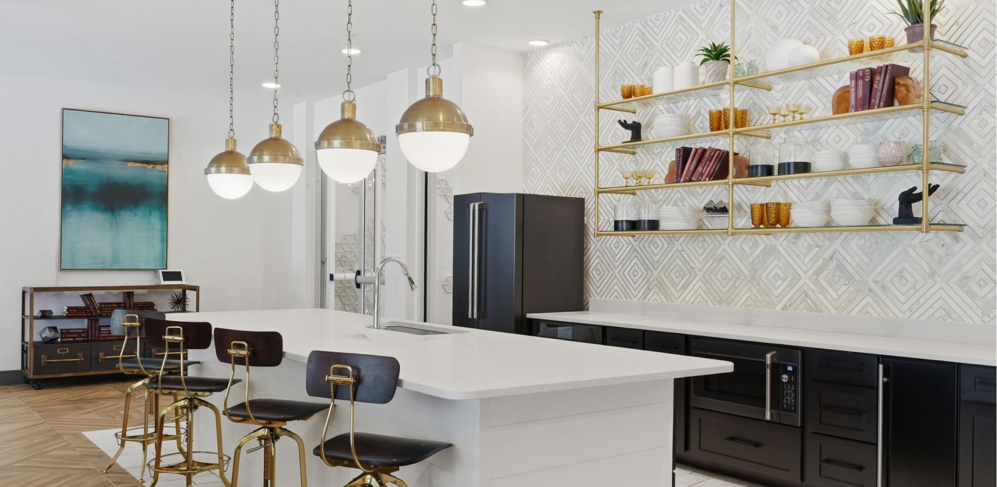 Hawthorne at the W amenity entertainment space with kitchen and beautiful finishes