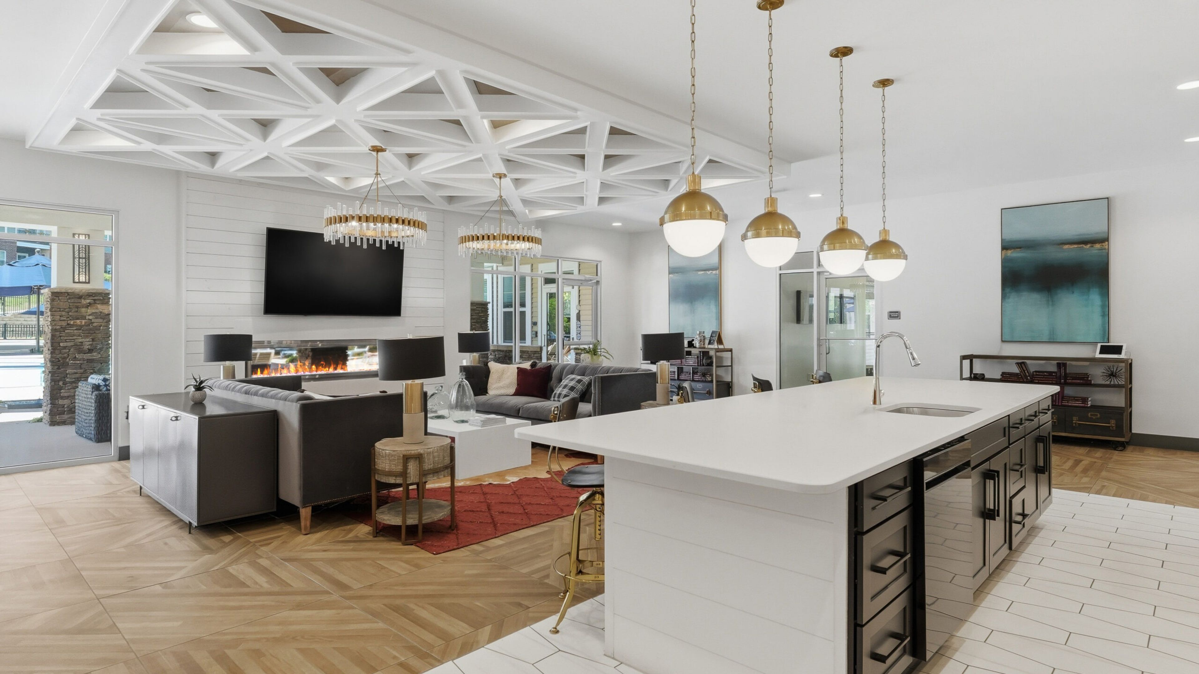 Hawthorne at the W outdoor living room with fireplace and lounge seating