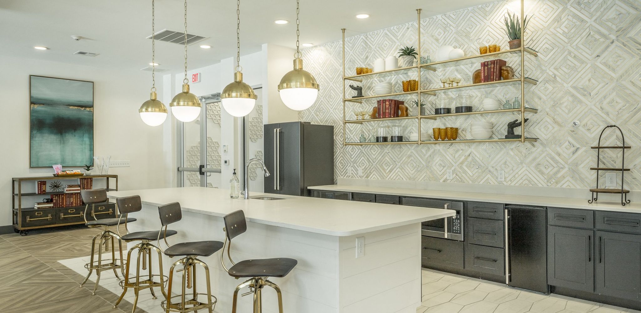 Hawthorne at the W amenity entertainment space with kitchen and beautiful finishes